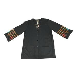 Bob Mackie's Wearable Art Indian Bead Embroidered 3/4 Sleeve M Cardigan Black